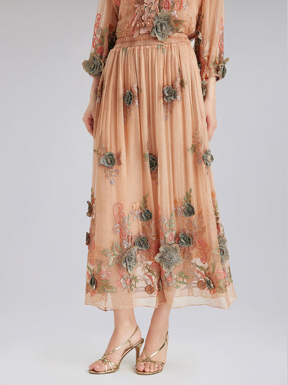 Handcrafted 3D Floral Silk Skirt
