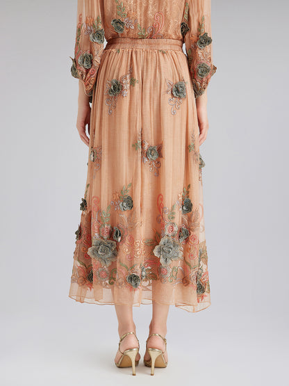Handcrafted 3D Floral Silk Skirt