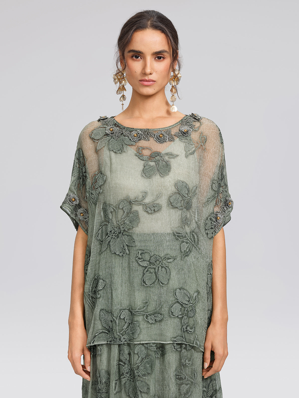 Silk 3D Flower Embroidered Hand Dyed Blouse