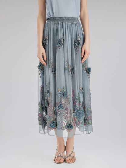 Handcrafted 3D Floral Silk Skirt