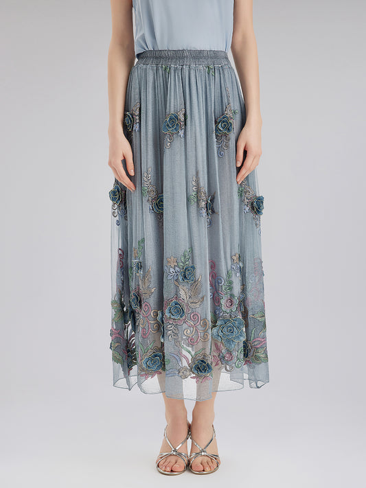 Handcrafted 3D Floral Silk Skirt