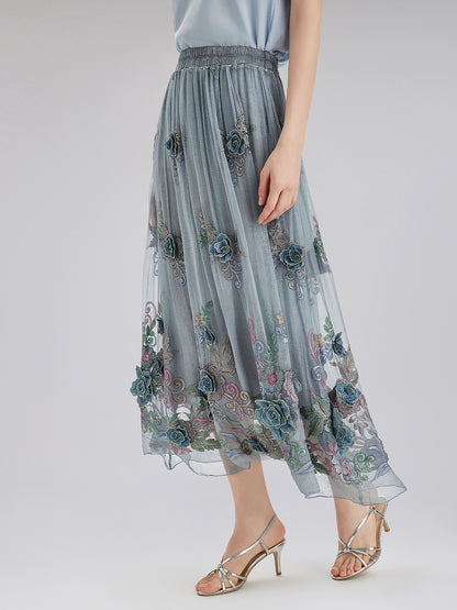 Handcrafted 3D Floral Silk Skirt