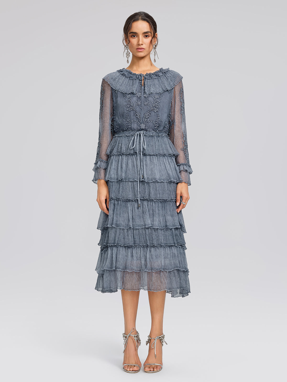 Silk Mesh Floral Embroidery Dress
