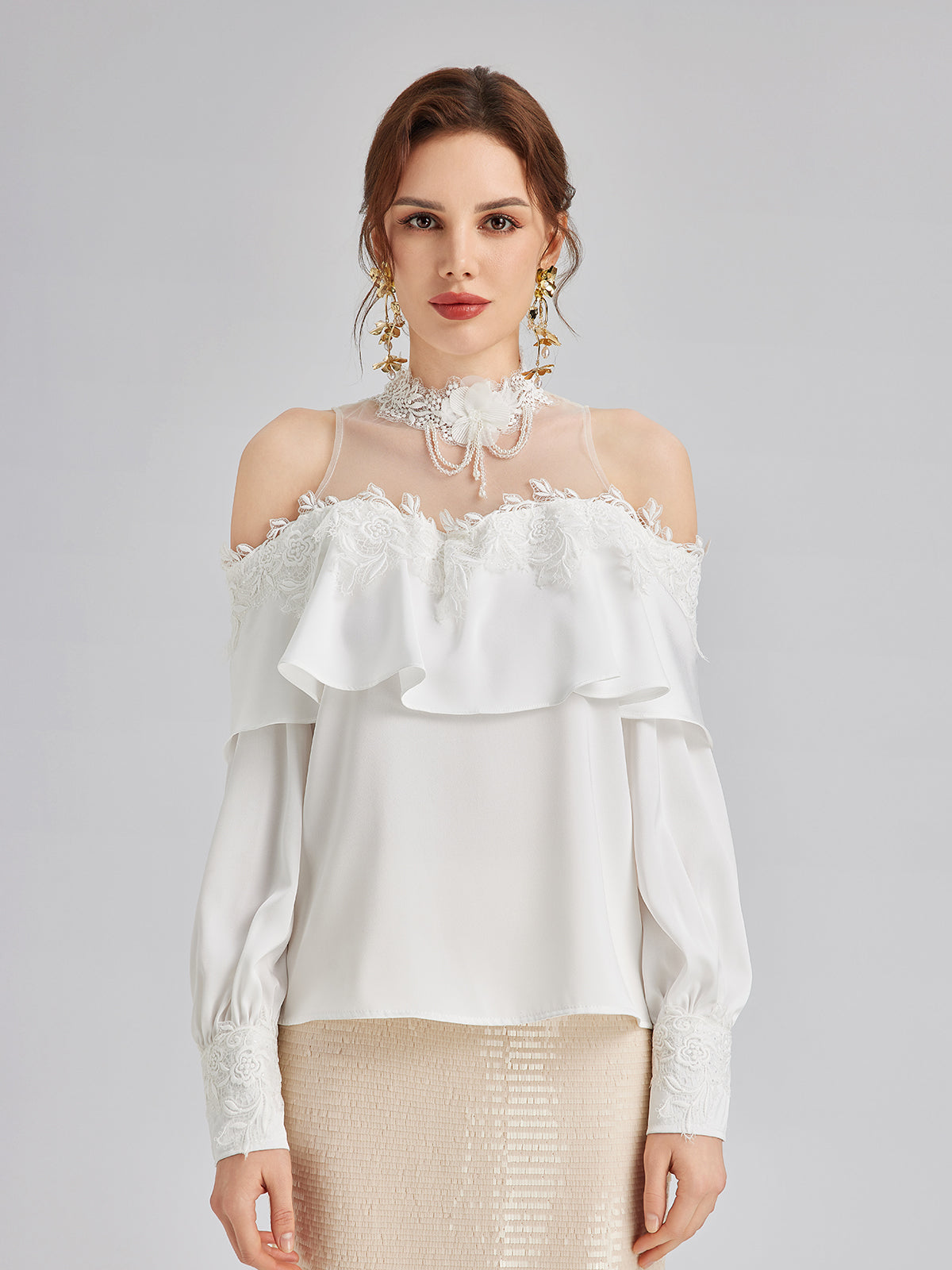 Off-Shoulder Ruffle Lace Mesh Top