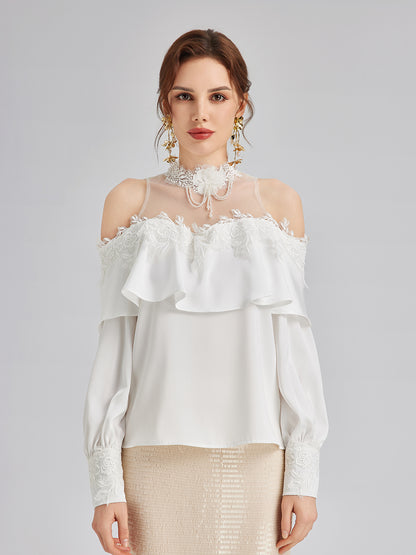 Off-Shoulder Ruffle Lace Mesh Top