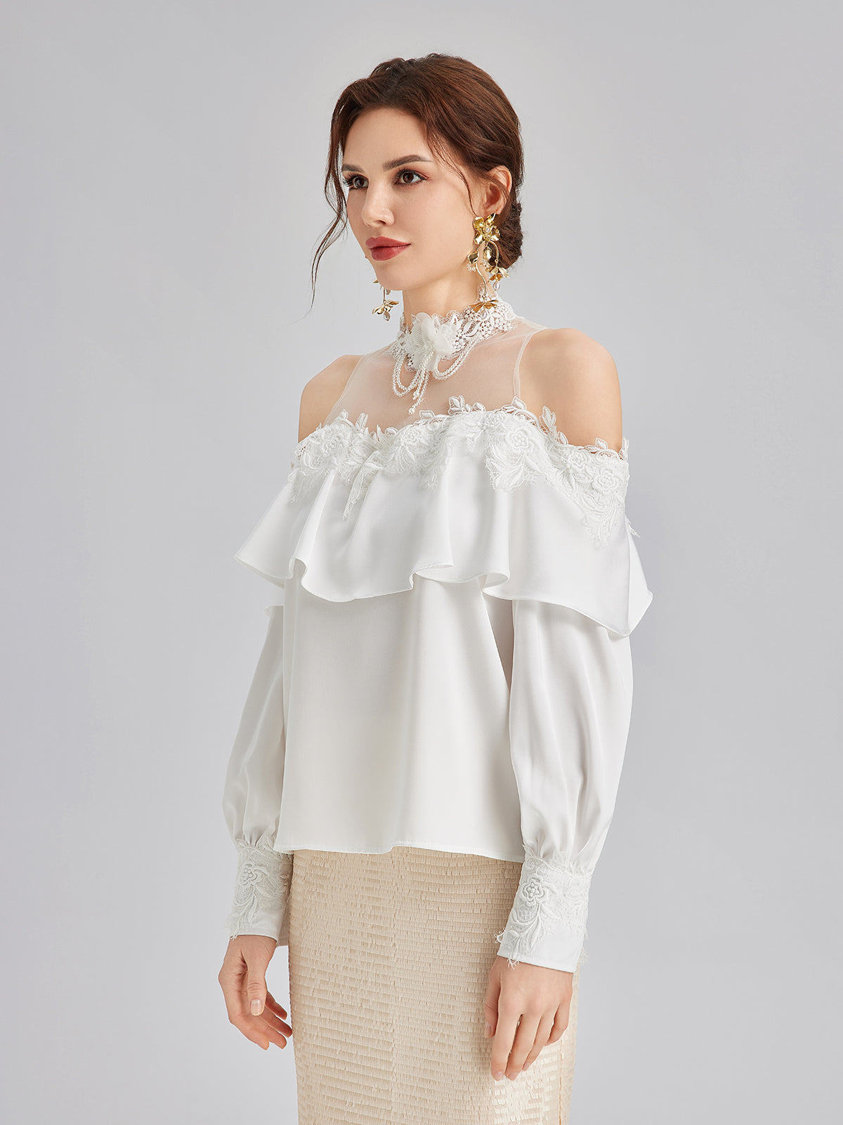 Off-Shoulder Ruffle Lace Mesh Top