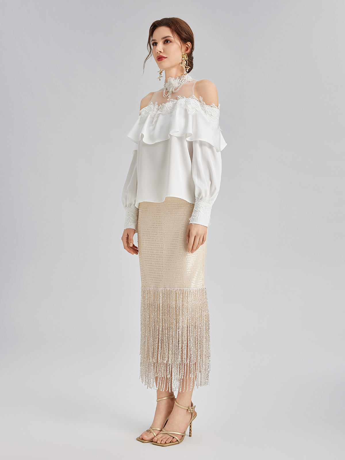 Off-Shoulder Ruffle Lace Mesh Top