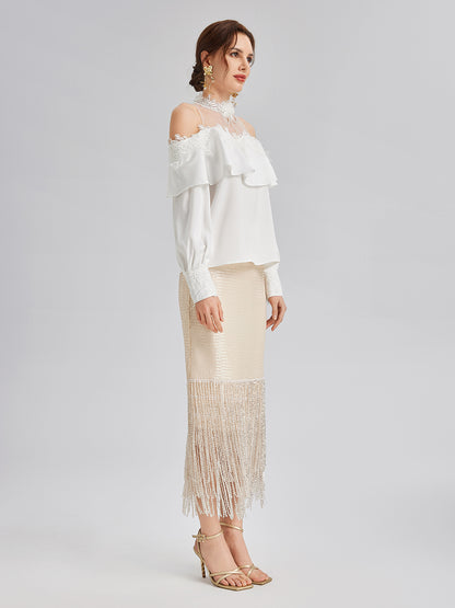 Off-Shoulder Ruffle Lace Mesh Top