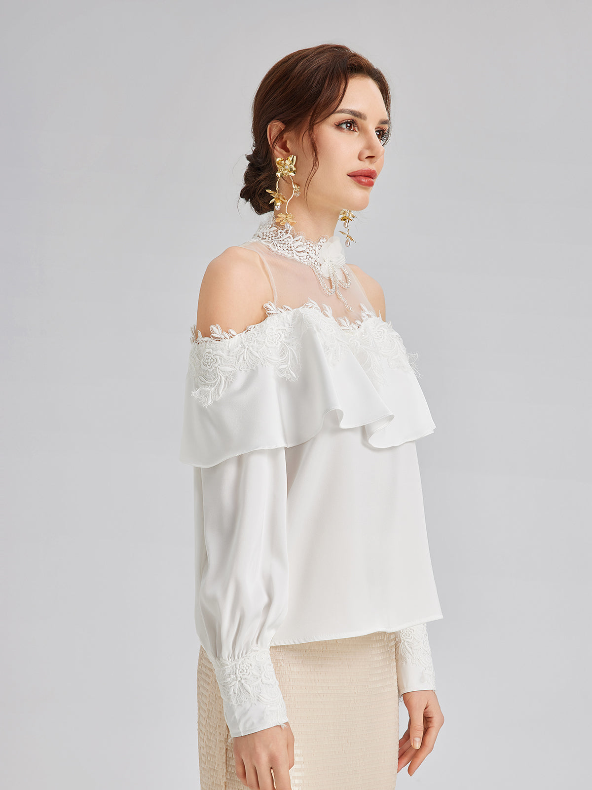 Off-Shoulder Ruffle Lace Mesh Top