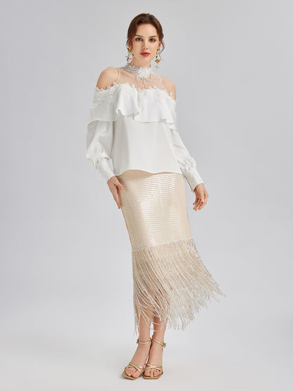 Off-Shoulder Ruffle Lace Mesh Top