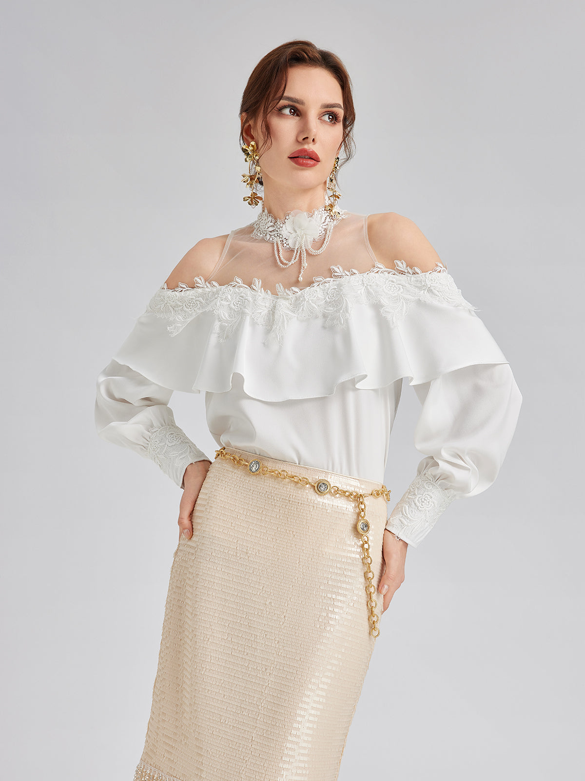 Off-Shoulder Ruffle Lace Mesh Top