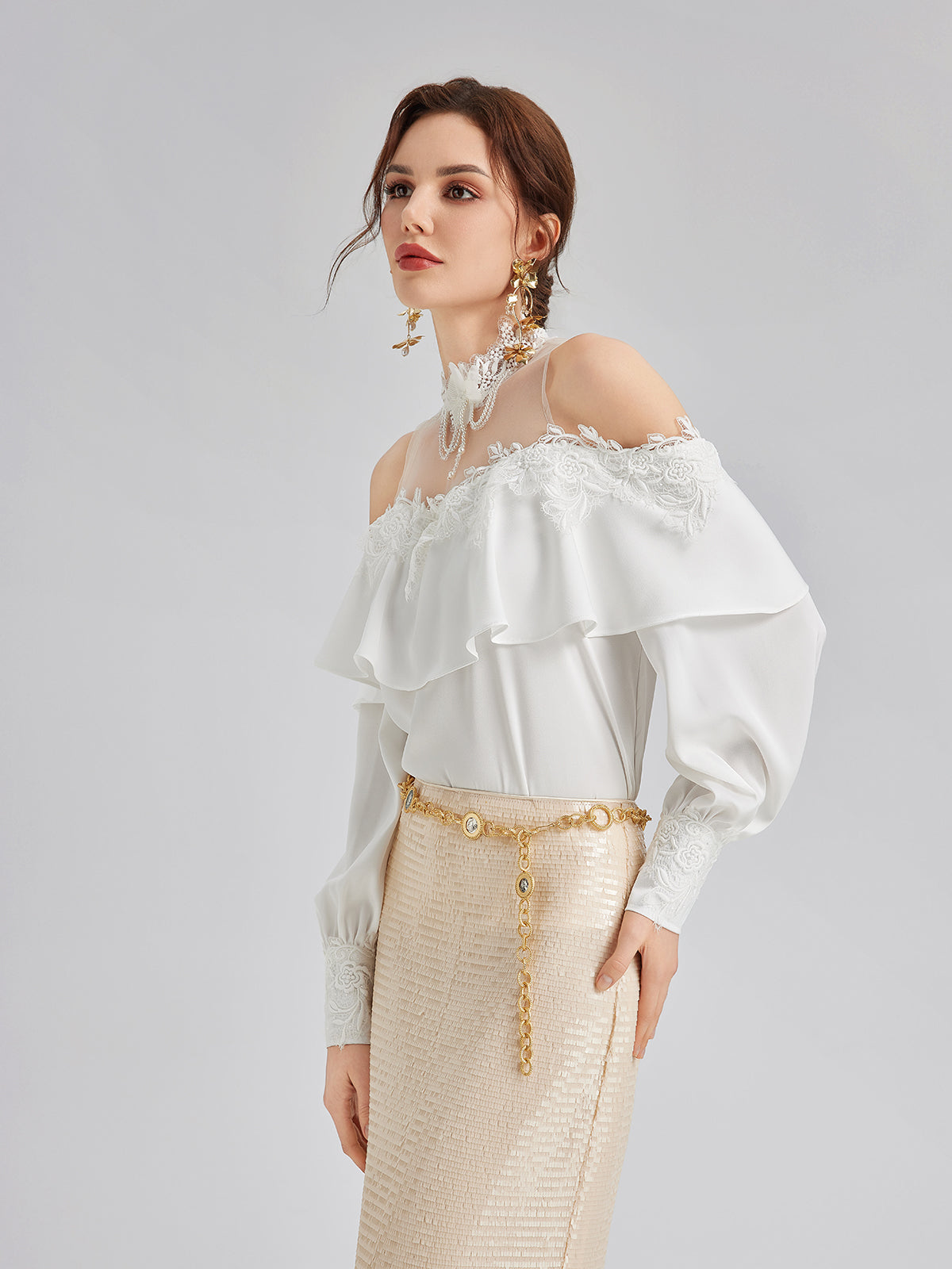 Off-Shoulder Ruffle Lace Mesh Top