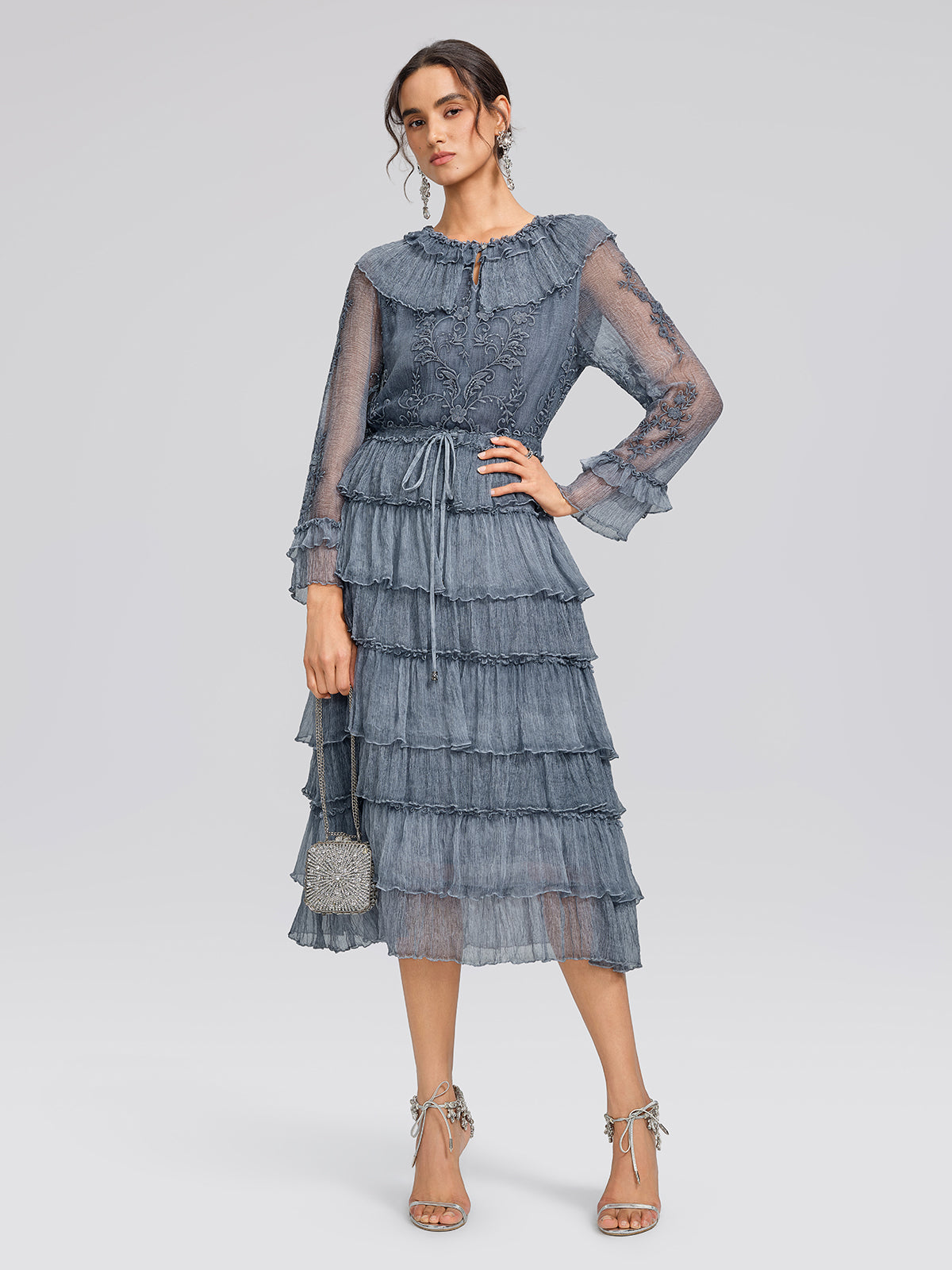 Silk Mesh Floral Embroidery Dress