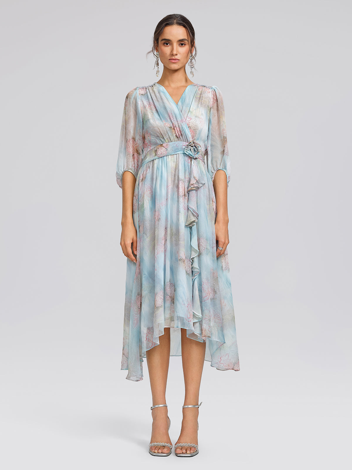 Silk Watercolor Floral 3D Flower V-Neck Waist Dress