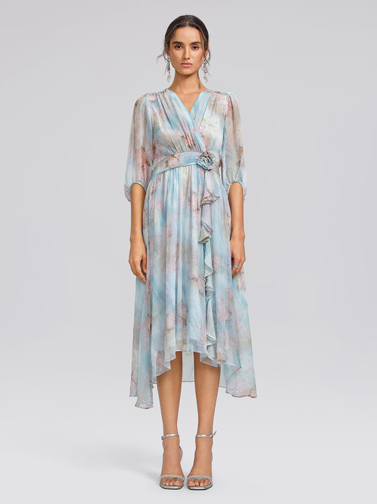 Silk Watercolor Floral 3D Flower V-Neck Waist Dress