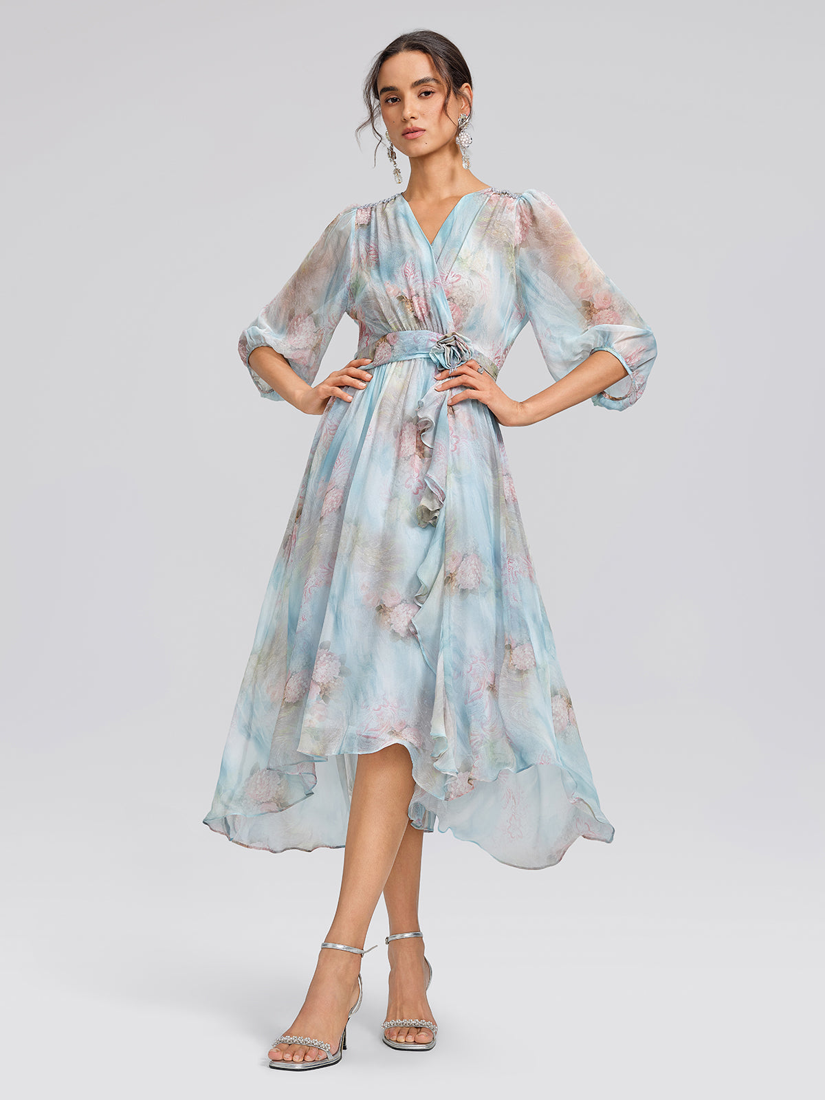 Silk Watercolor Floral 3D Flower V-Neck Waist Dress