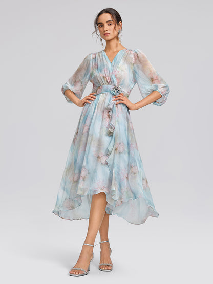 Silk Watercolor Floral 3D Flower V-Neck Waist Dress