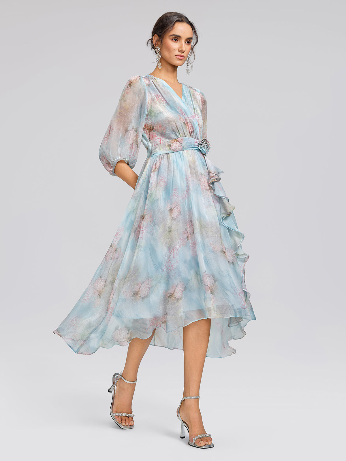 Silk Watercolor Floral 3D Flower V-Neck Waist Dress