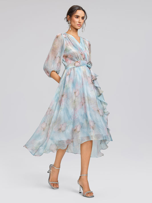 Silk Watercolor Floral 3D Flower V-Neck Dress