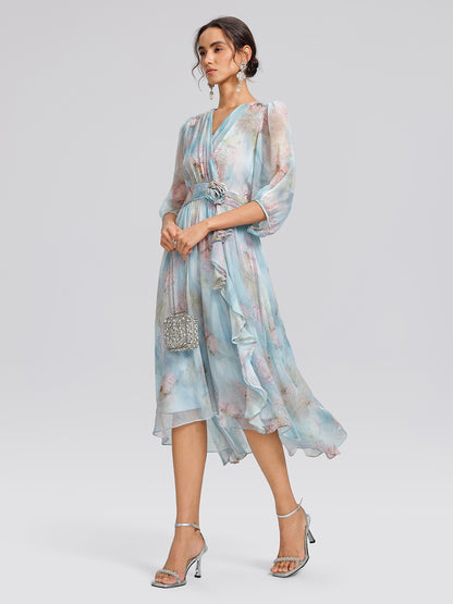 Silk Watercolor Floral 3D Flower V-Neck Waist Dress