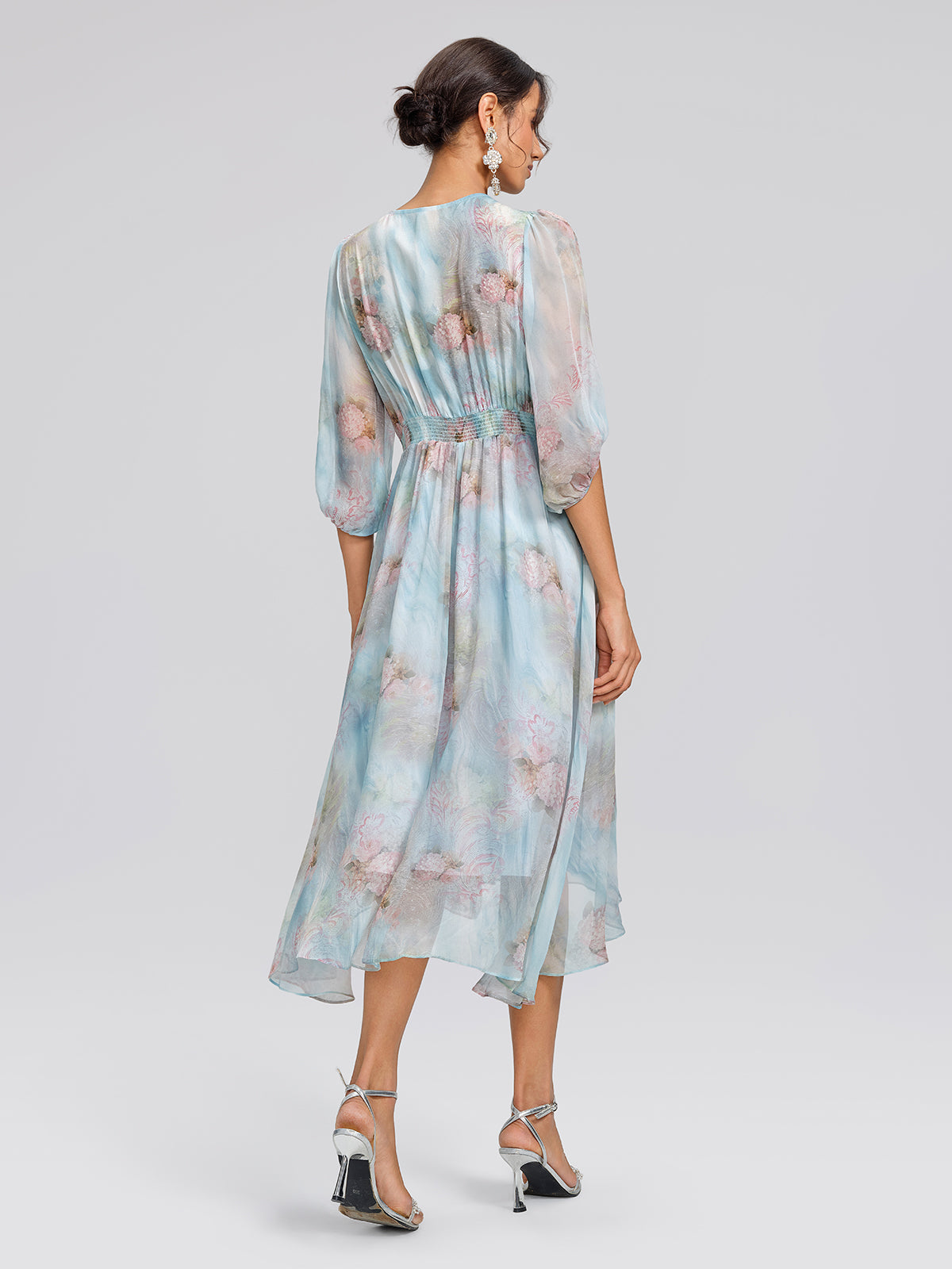Silk Watercolor Floral 3D Flower V-Neck Waist Dress