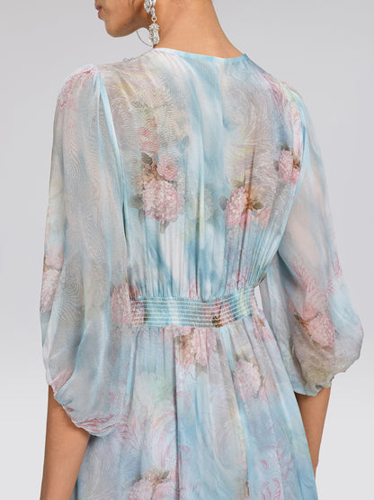 Silk Watercolor Floral 3D Flower V-Neck Waist Dress