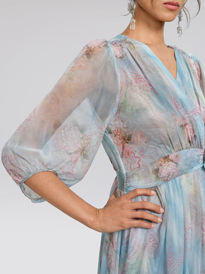 Silk Watercolor Floral 3D Flower V-Neck Waist Dress
