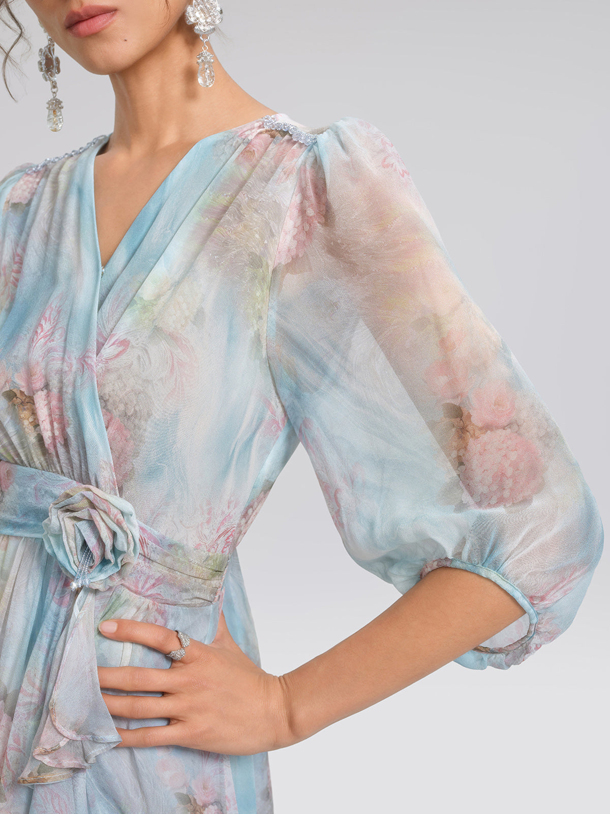 Silk Watercolor Floral 3D Flower V-Neck Waist Dress