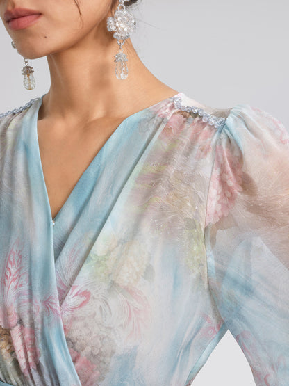 Silk Watercolor Floral 3D Flower V-Neck Waist Dress