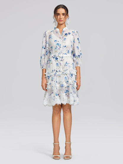 Linen Printed Lace Panel Dress