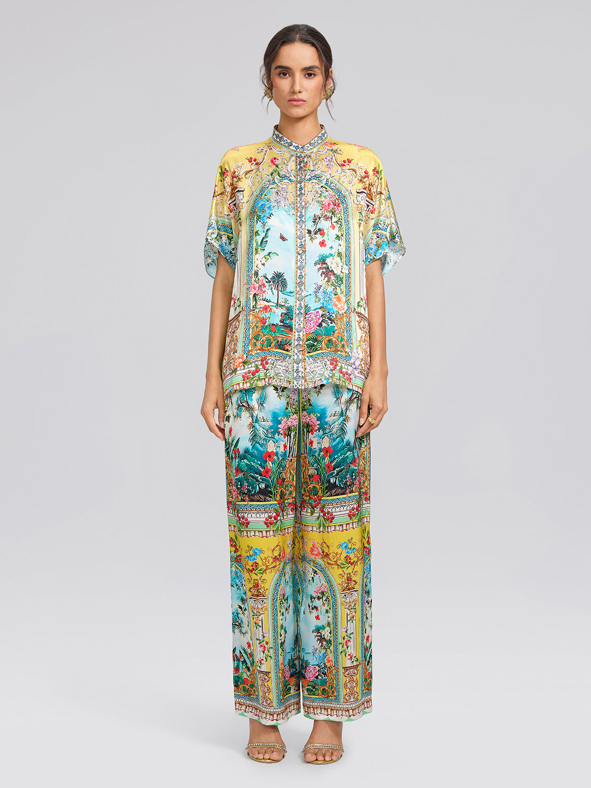 100% Silk Manor Print Wide Leg Pants