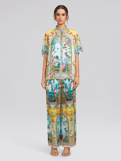 100% Silk Manor Print Wide Leg Pants