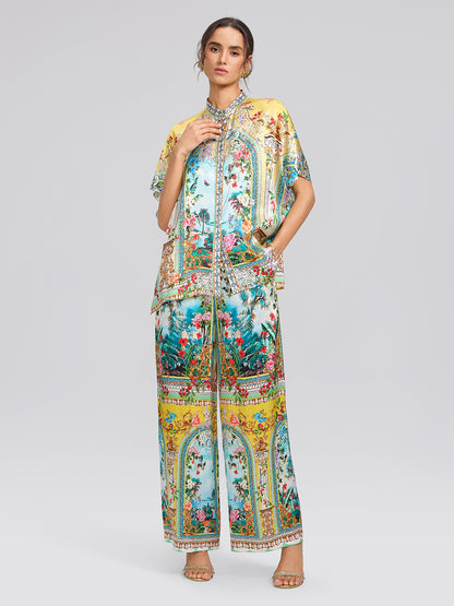 100% Silk Manor Print Wide Leg Pants