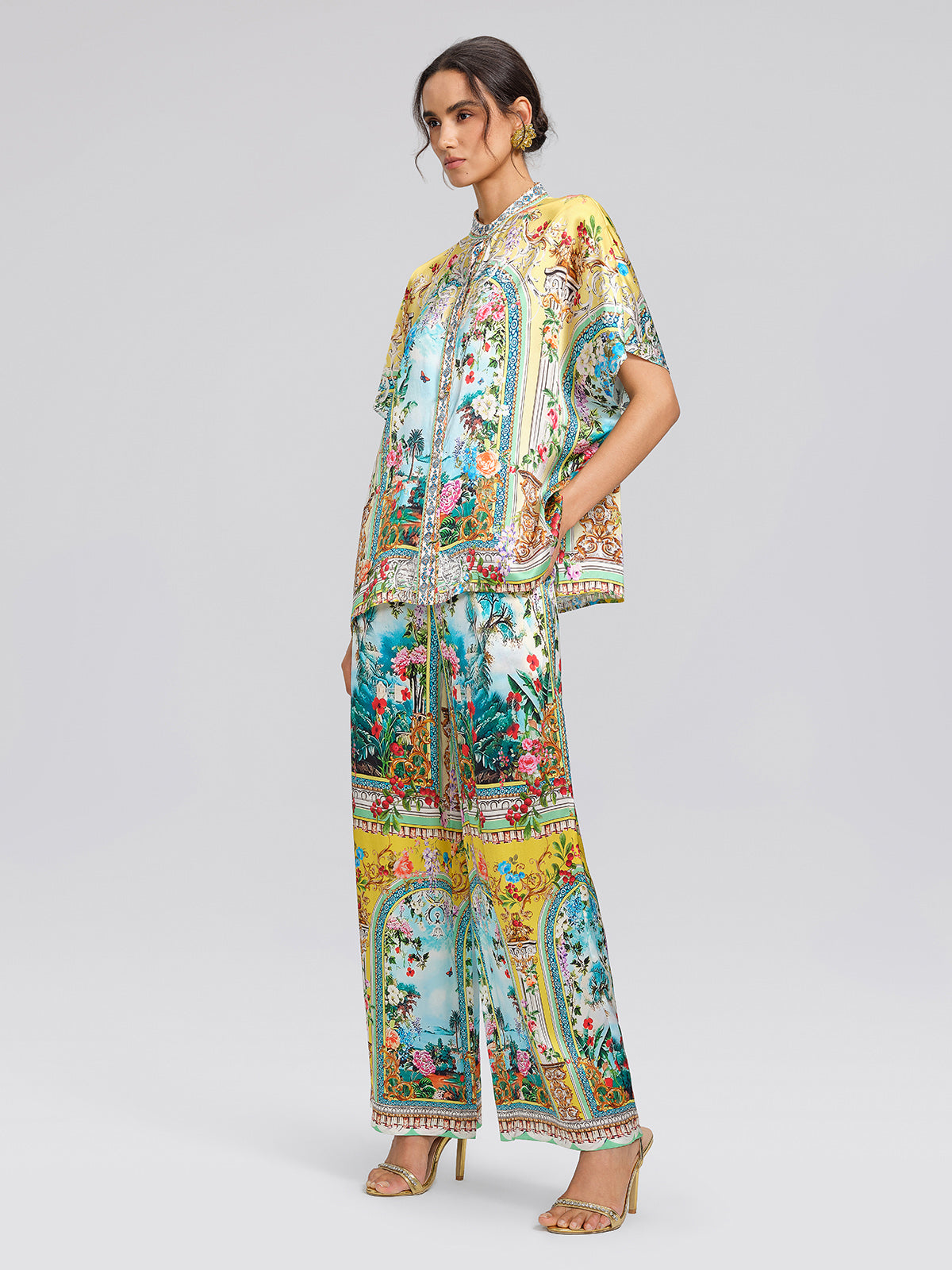 100% Silk Manor Print Wide Leg Pants