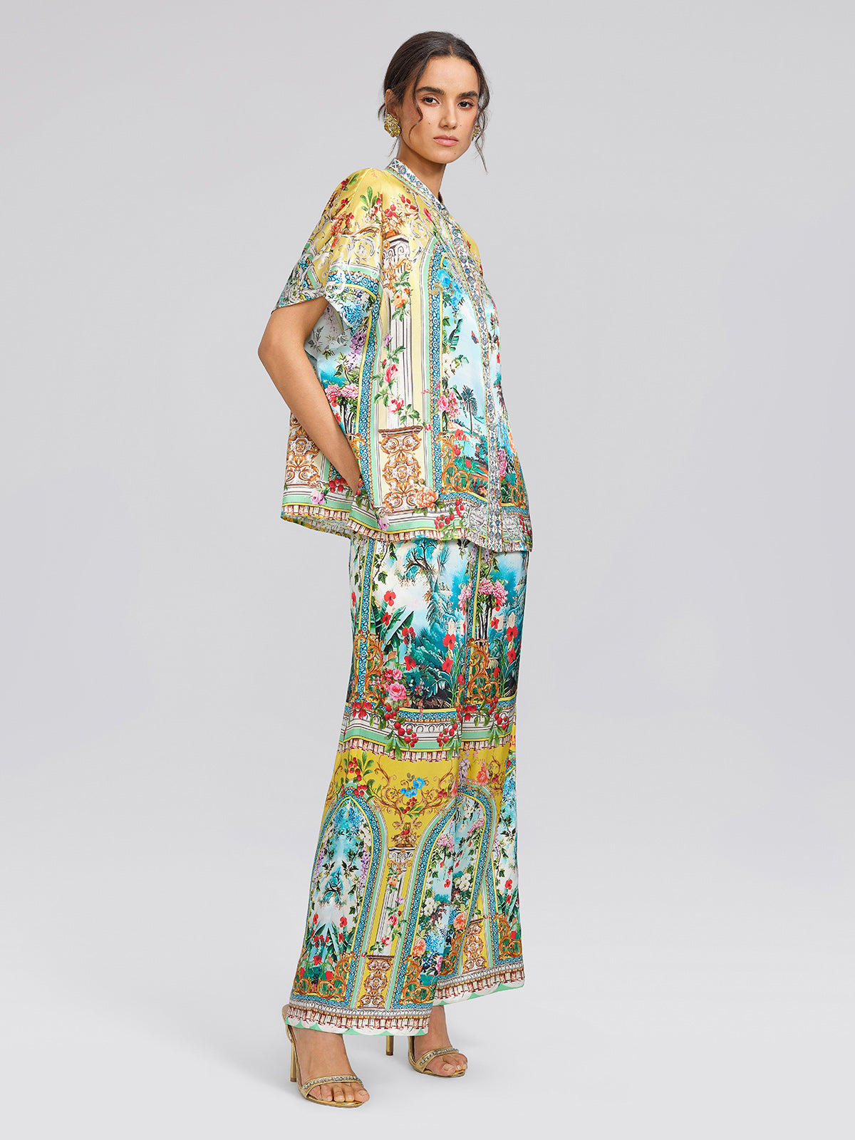100% Silk Manor Print Wide Leg Pants