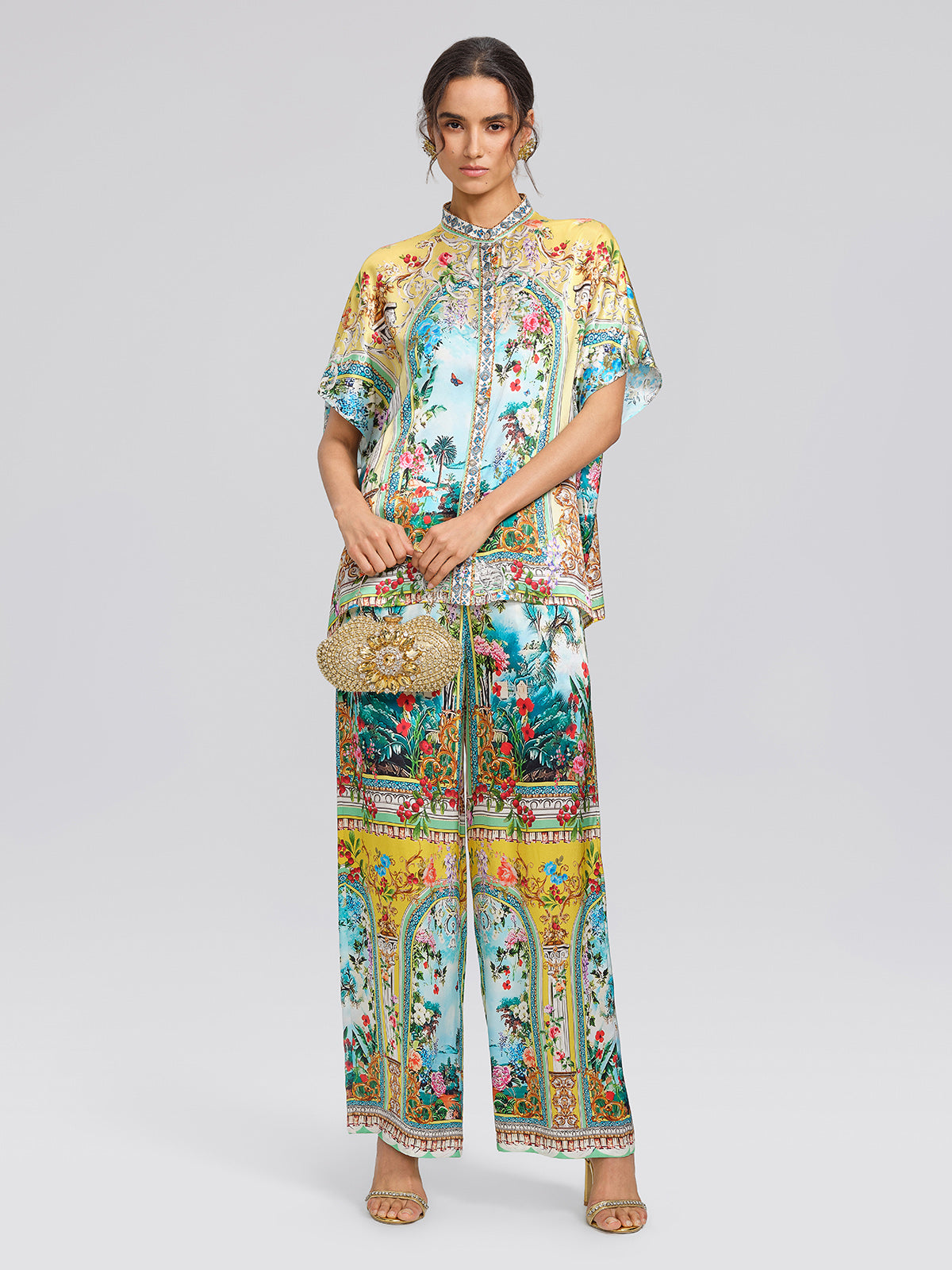 100% Silk Manor Print Wide Leg Pants