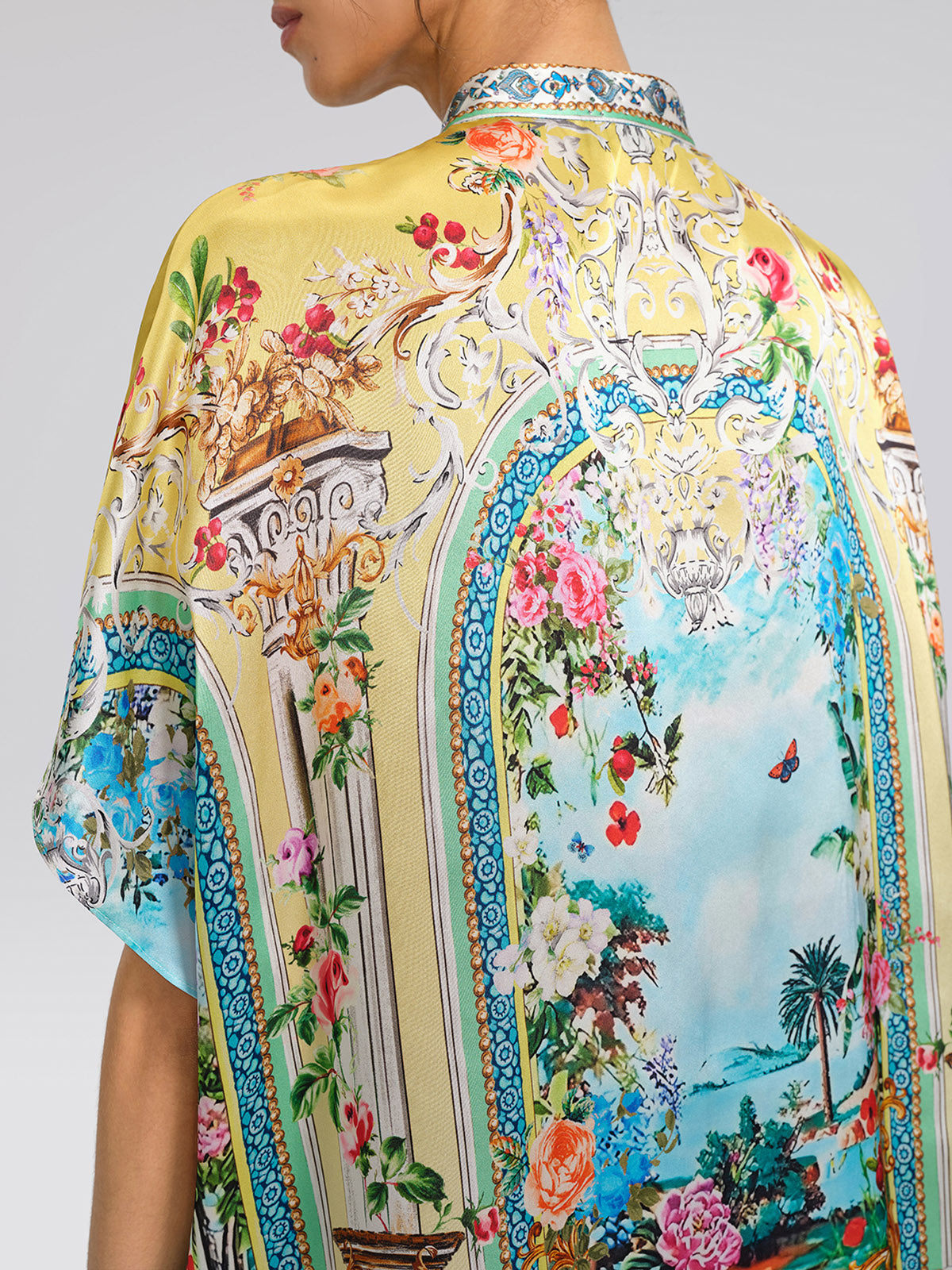 100% Silk Rhinestone Romantic Manor Print Blouse