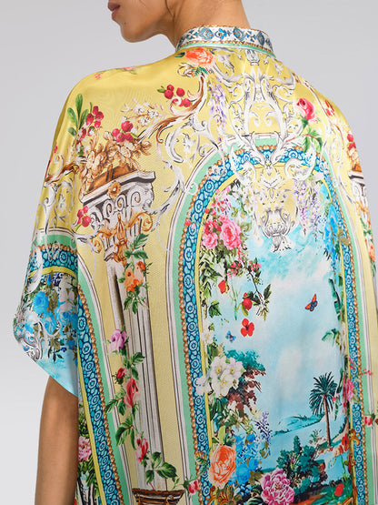100% Silk Rhinestone Romantic Manor Print Blouse