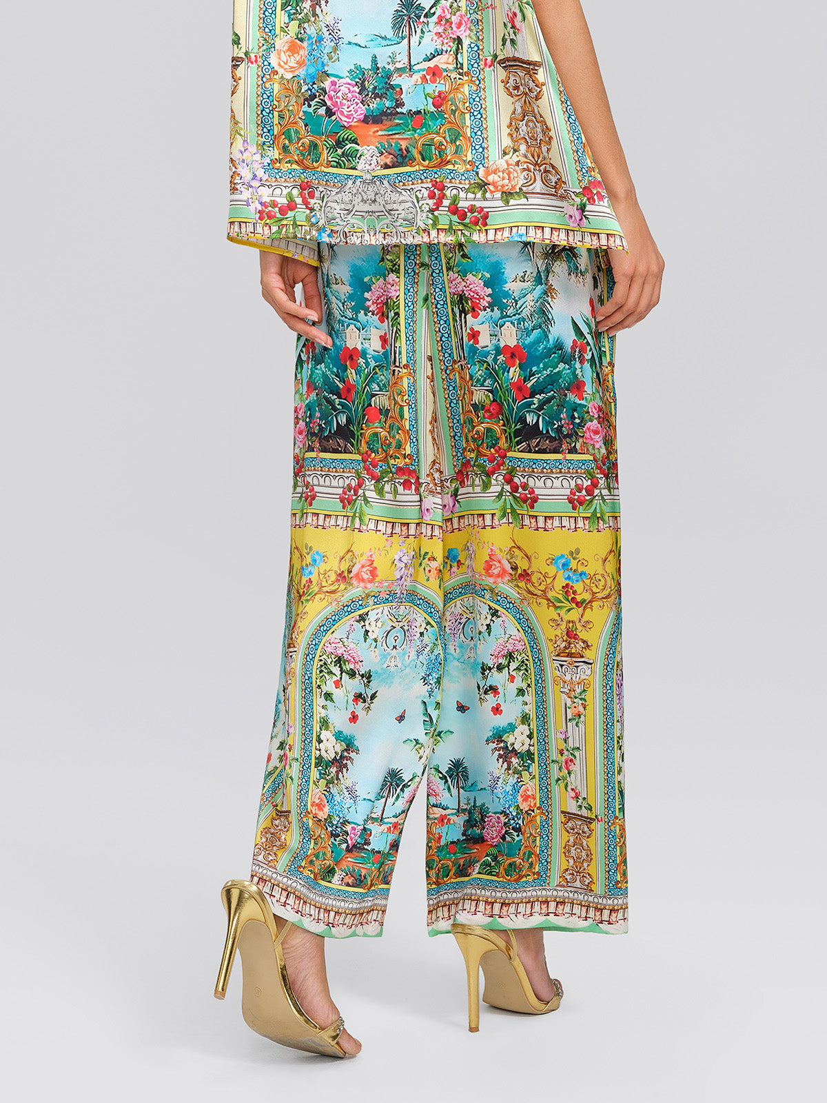 100% Silk Manor Print Wide Leg Pants