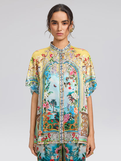 100% Silk Rhinestone Romantic Manor Print Blouse