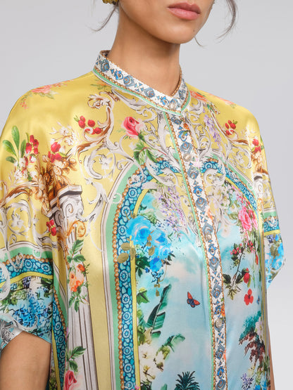 100% Silk Rhinestone Romantic Manor Print Blouse