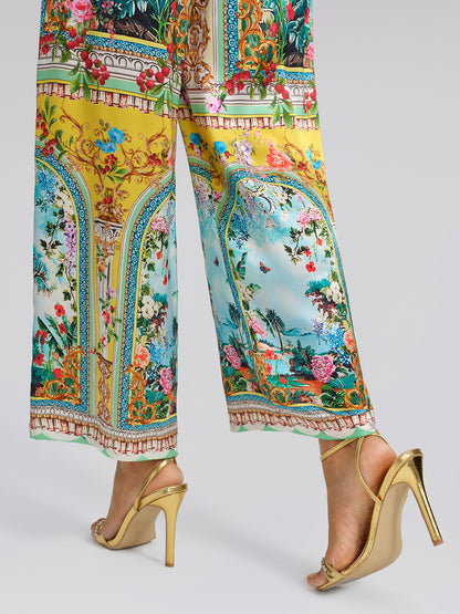 100% Silk Manor Print Wide Leg Pants