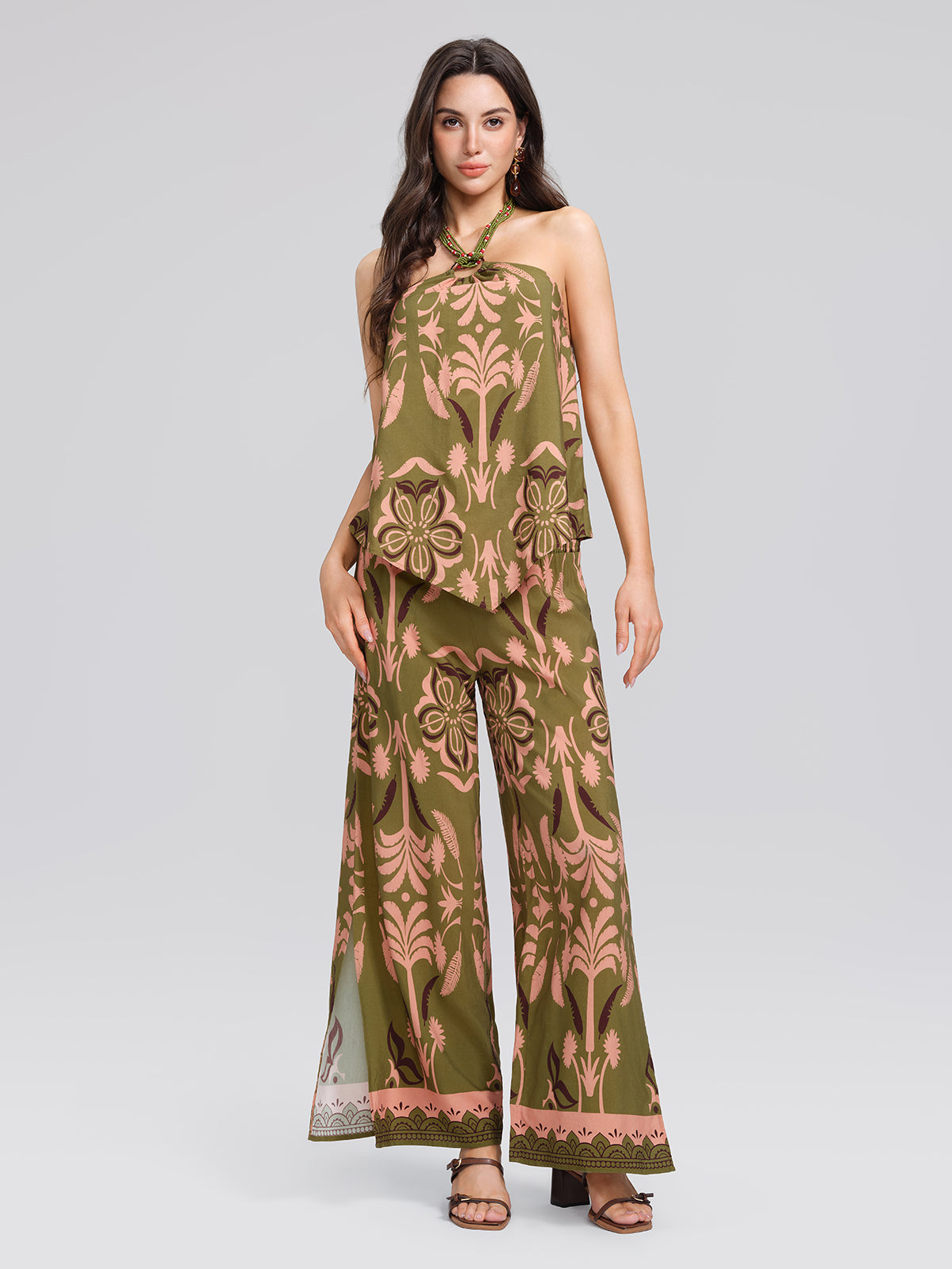 Vintage Botanical Print Wide Leg Pants