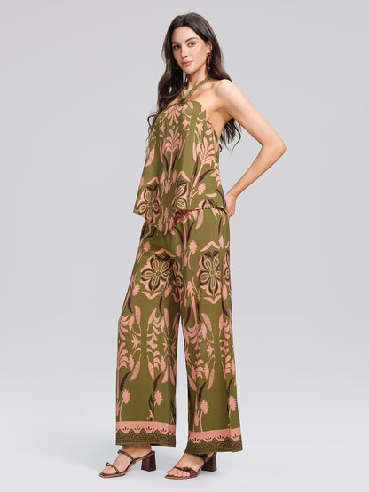 Vintage Botanical Print Wide Leg Pants