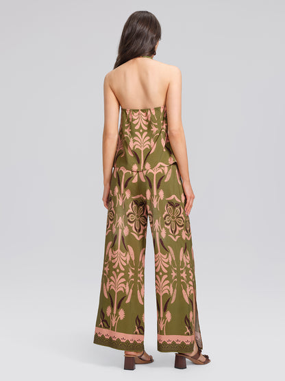 Vintage Botanical Print Beaded Strapless Top