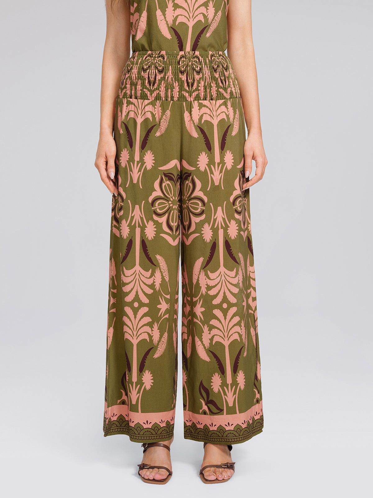 Vintage Botanical Print Wide Leg Pants