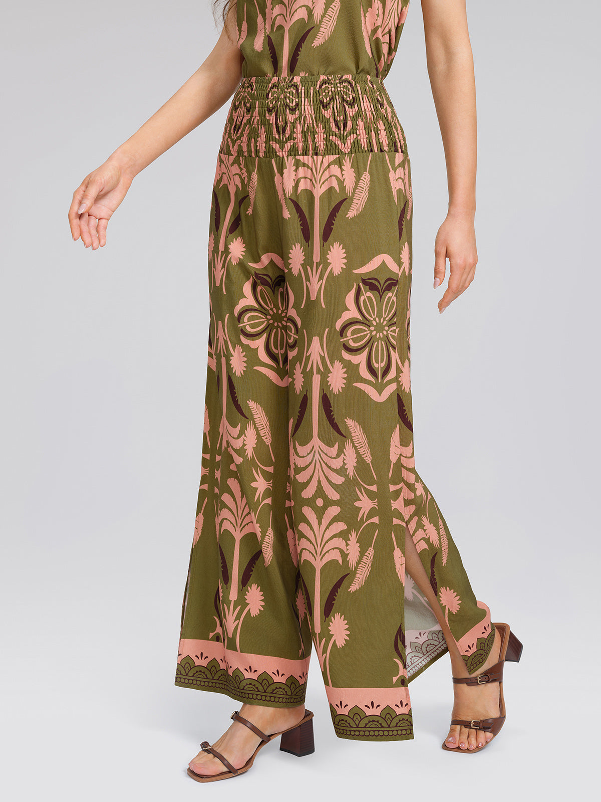 Vintage Botanical Print Wide Leg Pants