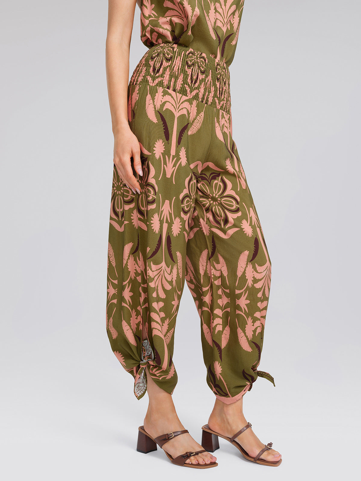 Vintage Botanical Print Wide Leg Pants