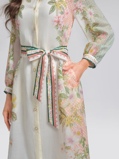 Ramie Floral Polka Dot Patchwork Lapel Button Shirt Dress