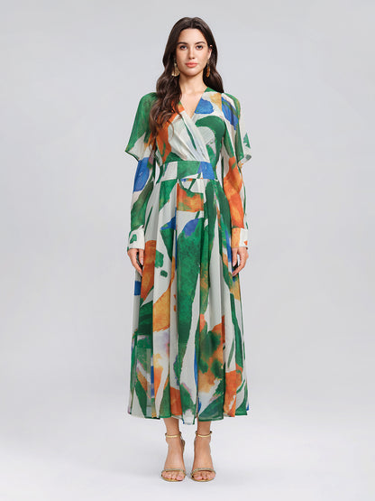 V-Neck Painterly Print Batwing Sleeve Dress